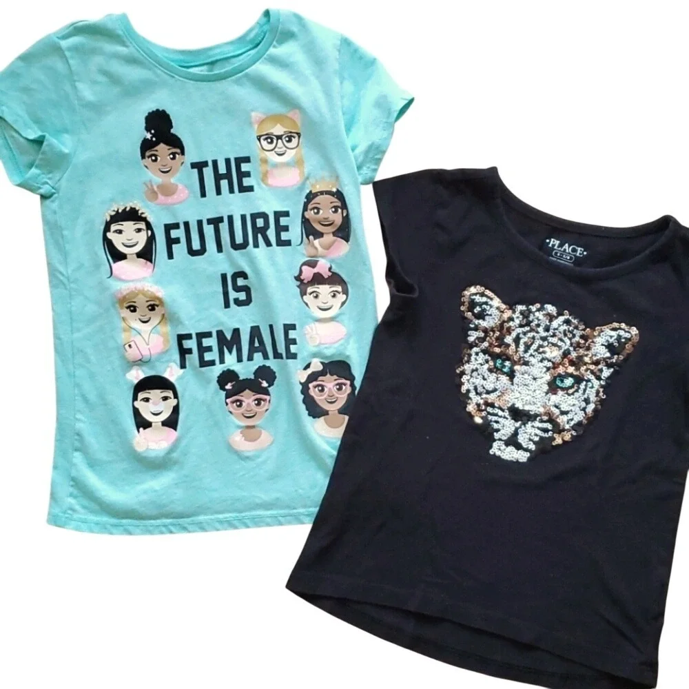 Children's Place Girls 2 Pack Short Sleeve Shirts - Sequin Tiger & Female Future